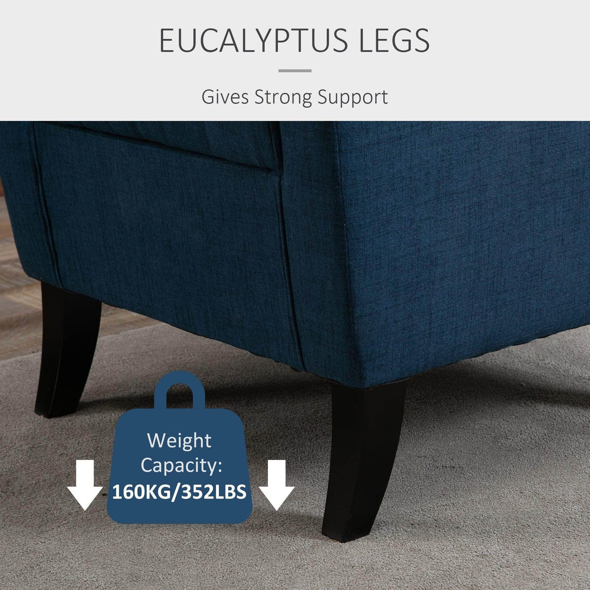 Blue fabric accent armchair with turned legs and sturdy weight capacity base