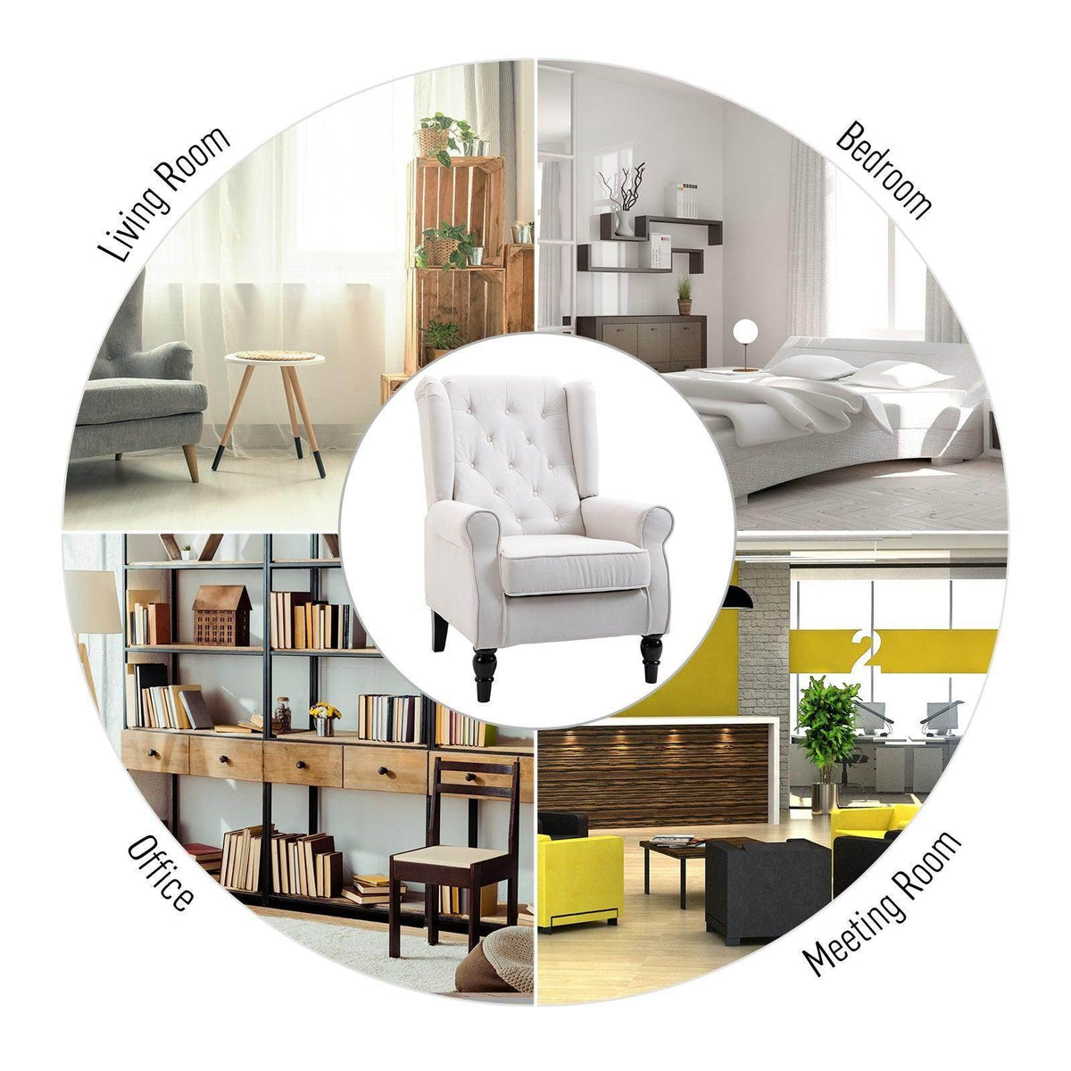 Cream tufted club armchair with deep button tufting and rounded armrests, black legs.