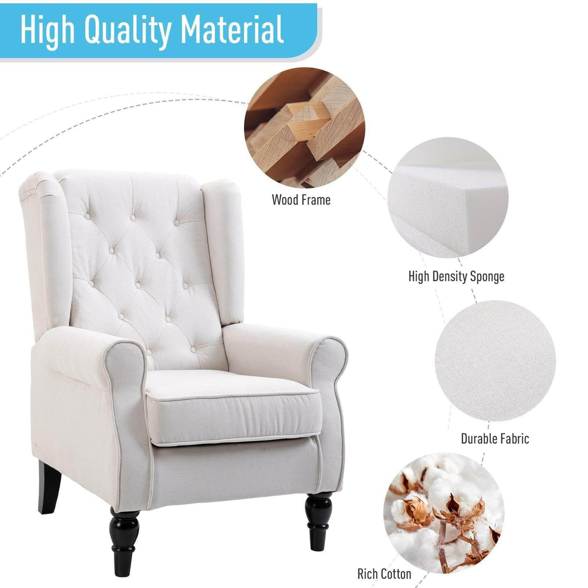 Cream tufted club armchair with welt-trim edges and black turned legs.