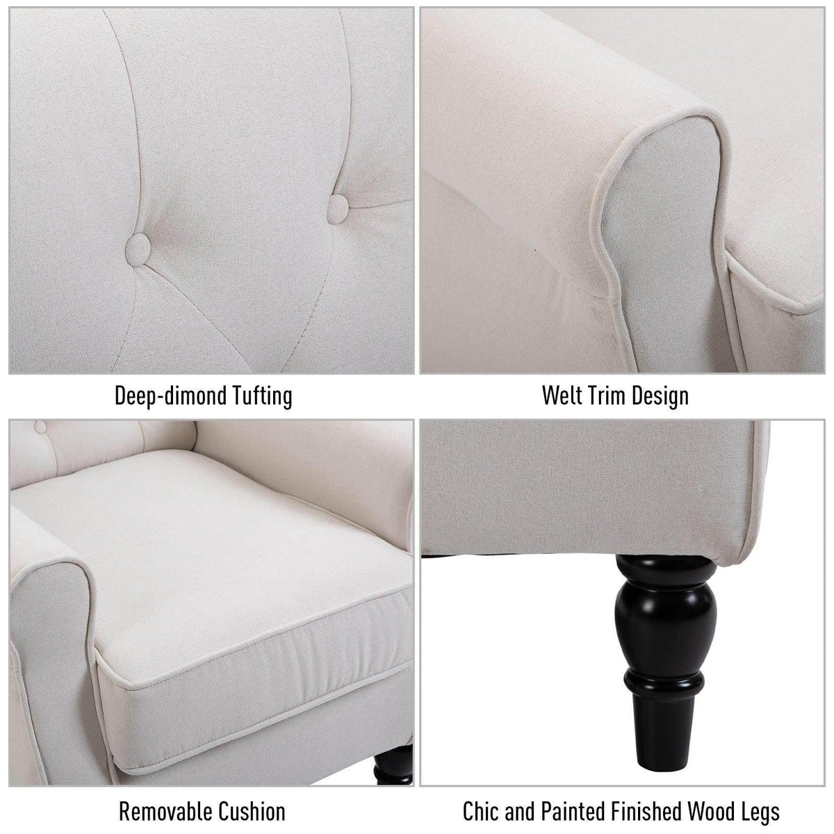 Cream armchair details: deep-diamond tufting, welt trim, removable cushion, black turned legs.