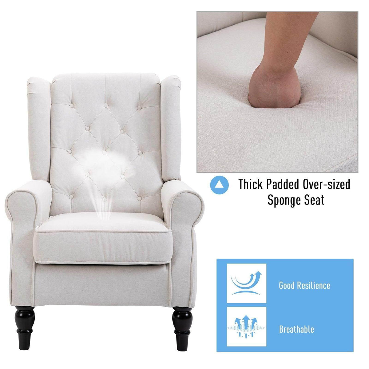 Cream tufted club armchair with thick padded seat and padded back, black legs.
