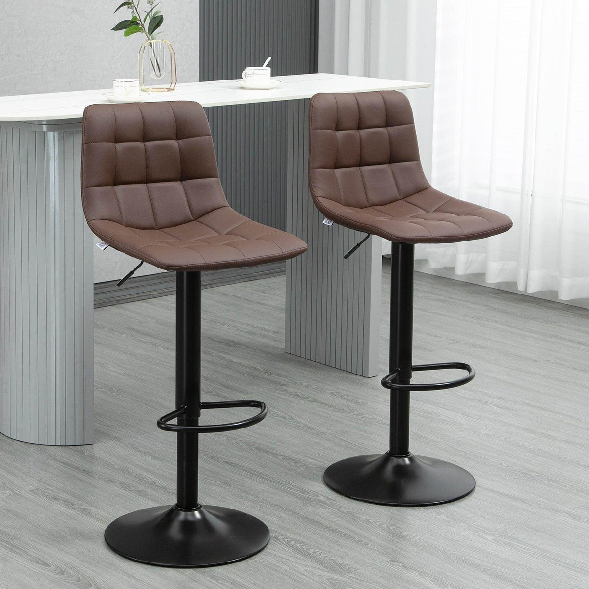 Set of 2 adjustable swivel bar stools, brown PU seats with black round base and footrest