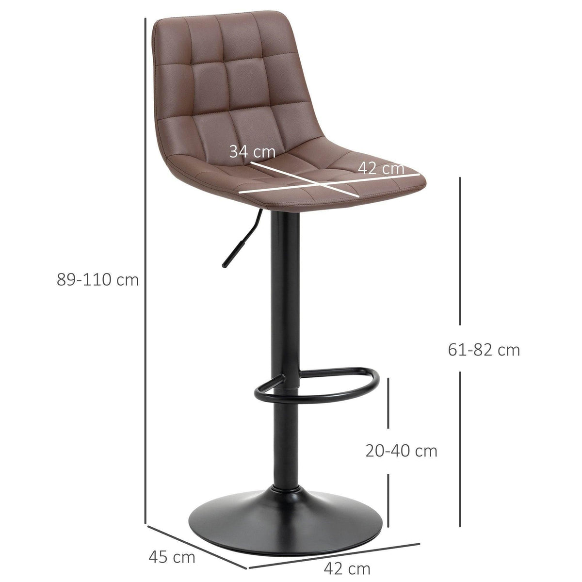Adjustable swivel bar stool with brown cushioned seat, black pedestal base and footrest