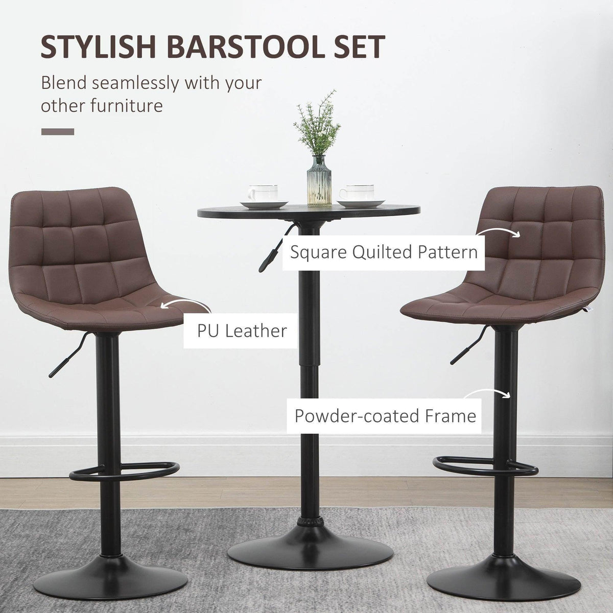 Set of 2 bar stools with brown quilted PU seats, black frames and circular footrests
