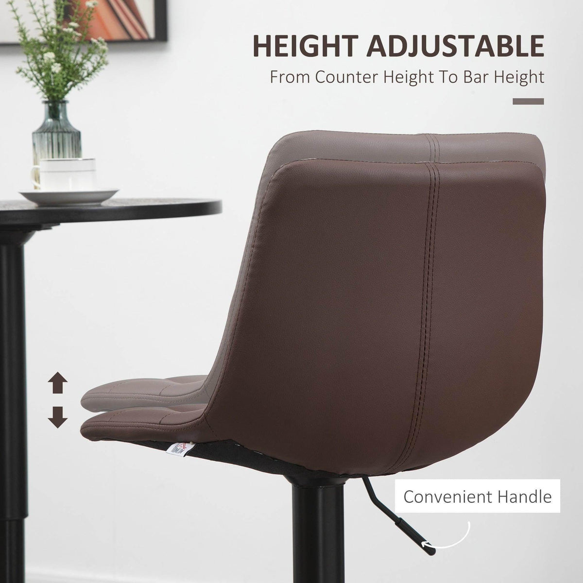 Height-adjustable bar stool with brown padded seat and back, black base and side handle