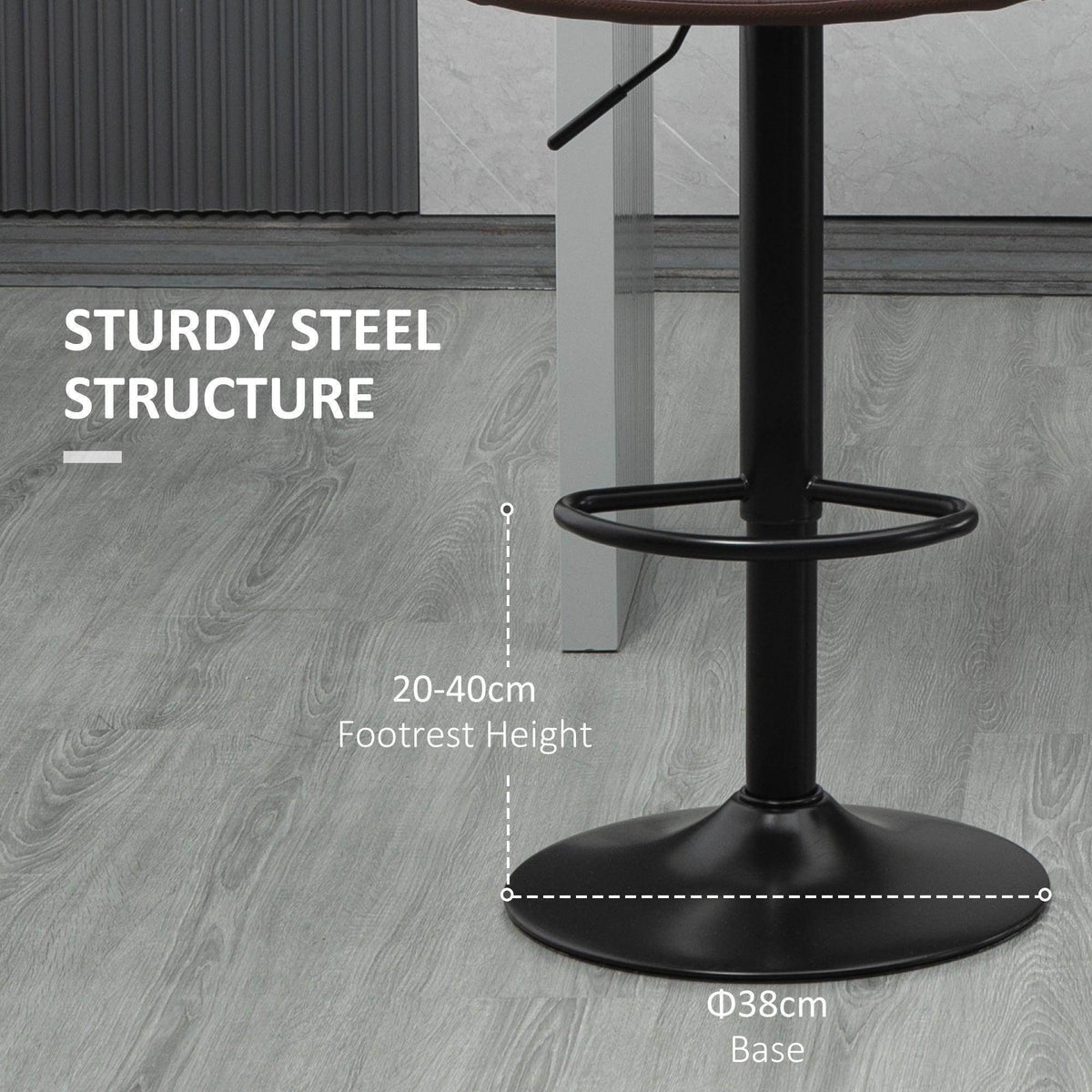 Black pedestal bar stool base with circular footrest and adjustable height steel structure