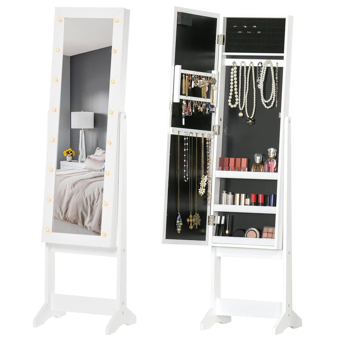 White LED lighted mirrored jewelry cabinet with open storage compartments for necklaces and rings