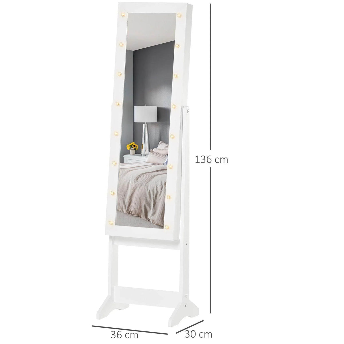 White LED mirrored jewelry cabinet with stand, open door storage and full-length mirror