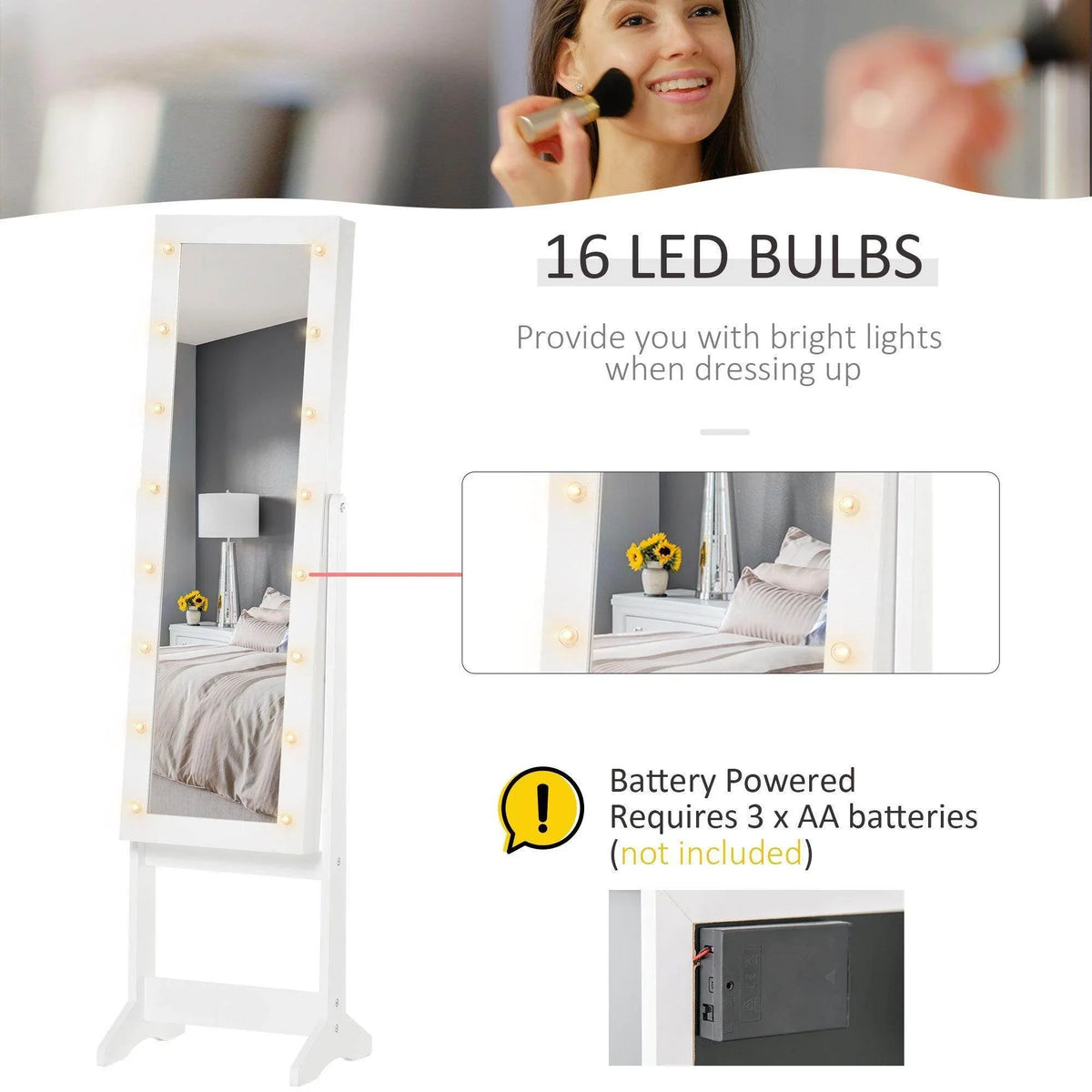 White LED mirrored jewelry cabinet with 16 bulb backlight and open organizer compartments