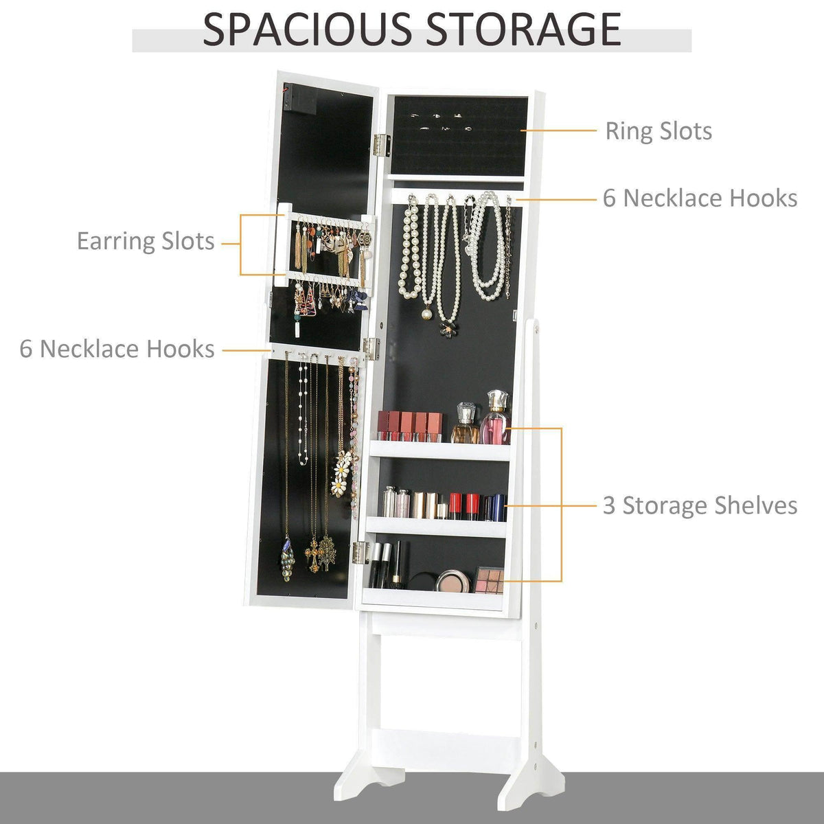 White LED mirrored jewelry cabinet with ring slots, necklace hooks, and storage shelves