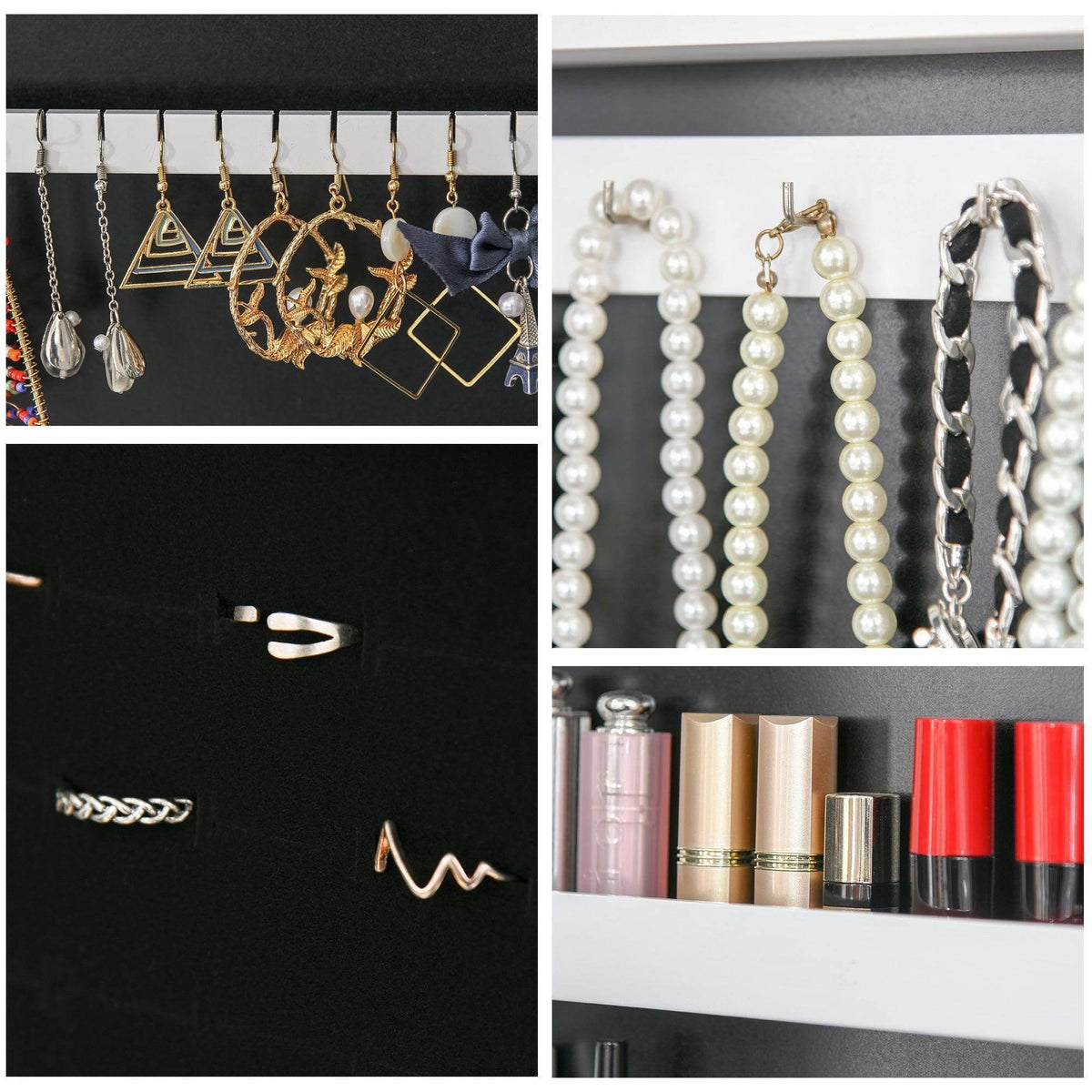 White mirrored jewelry cabinet organizer with earring slots, necklace hooks, and display shelves