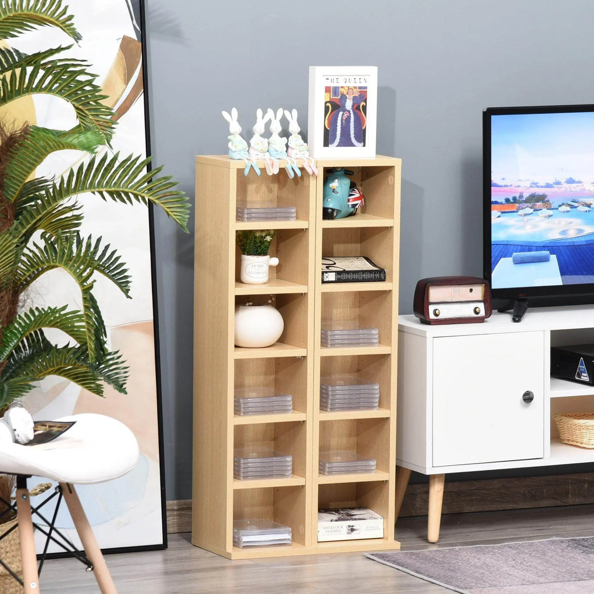 Adjustable media display shelf in natural light-wood with open cubby storage