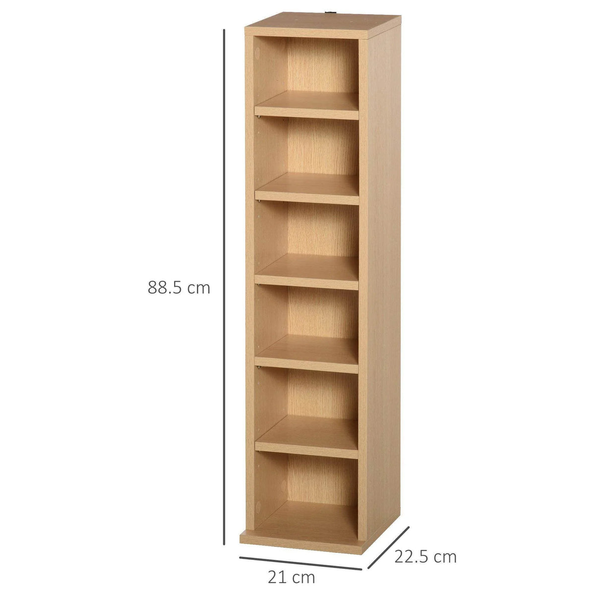Natural wood media shelf with tall open shelving and internal compartments