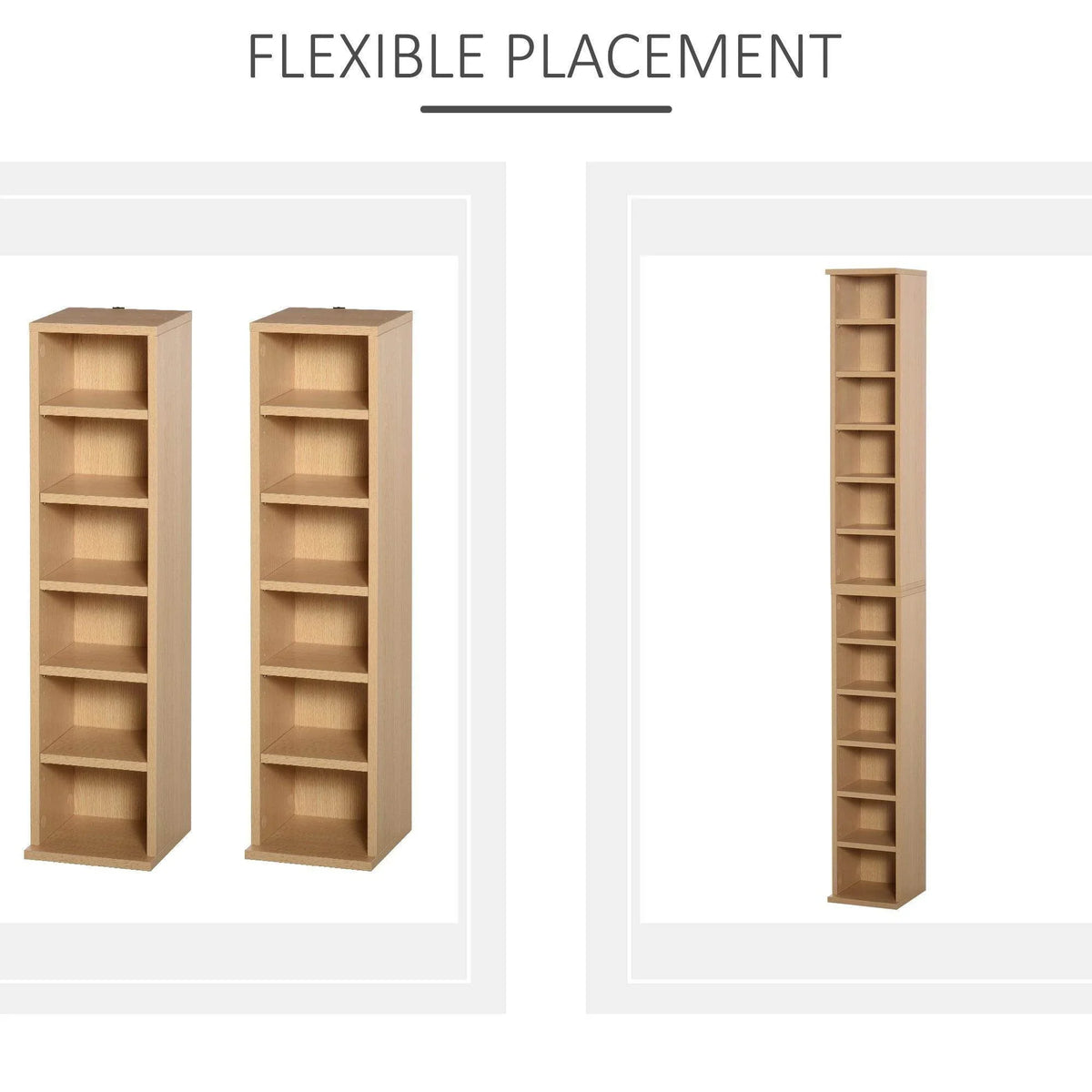 Natural wood adjustable media shelf showing flexible side placement with open cubbies