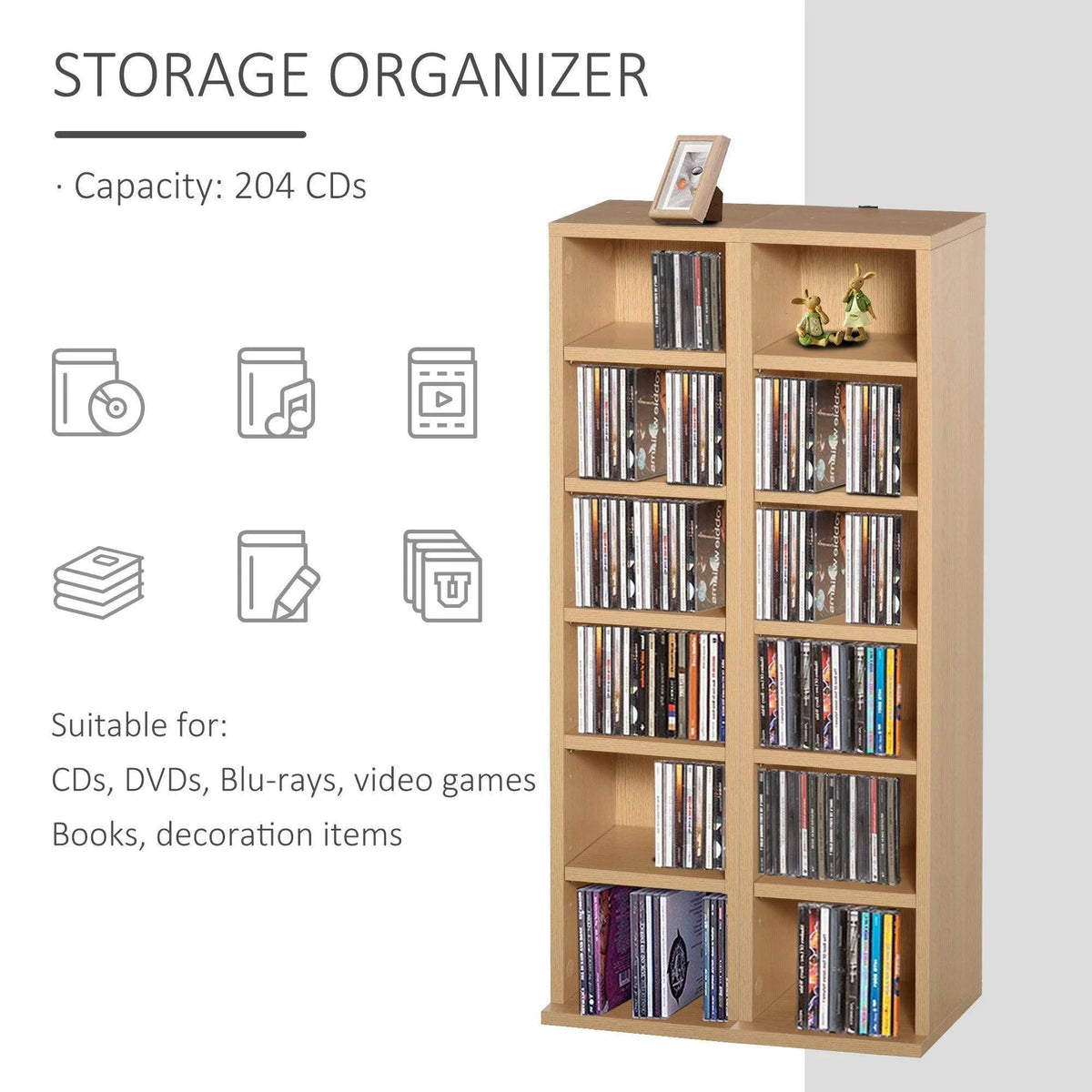 Natural wood CD/DVD storage organizer shelf with adjustable open shelves