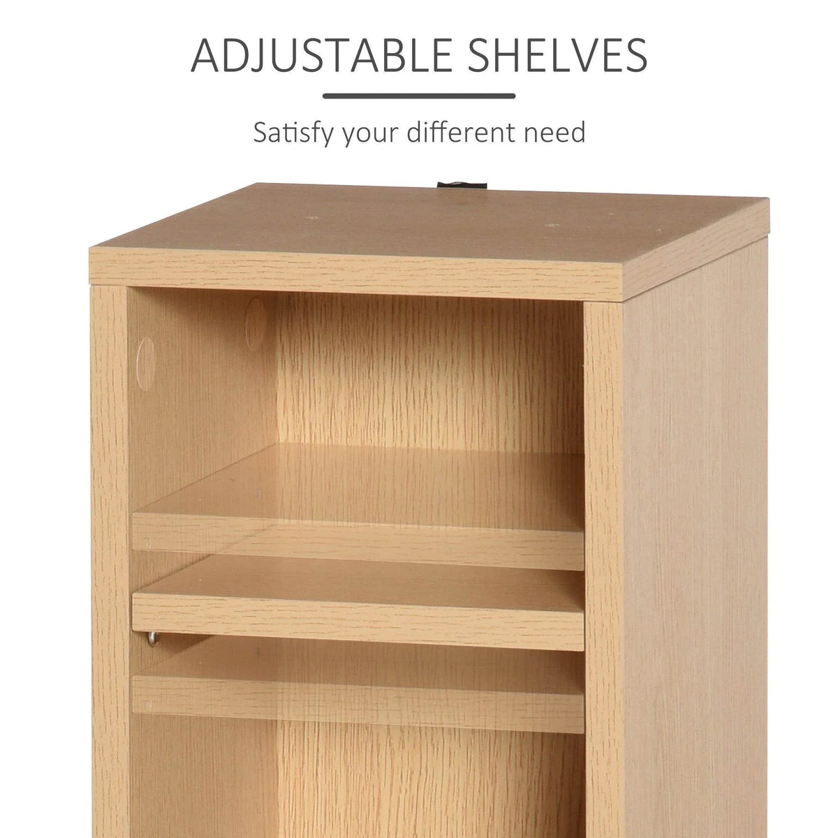 Natural wood media shelf unit with adjustable inner shelf and open storage
