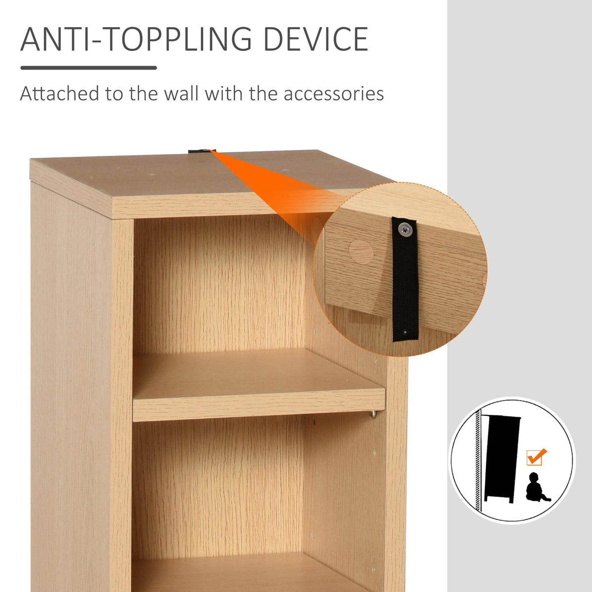 Natural wood media shelf with anti-tip wall strap attached to the top