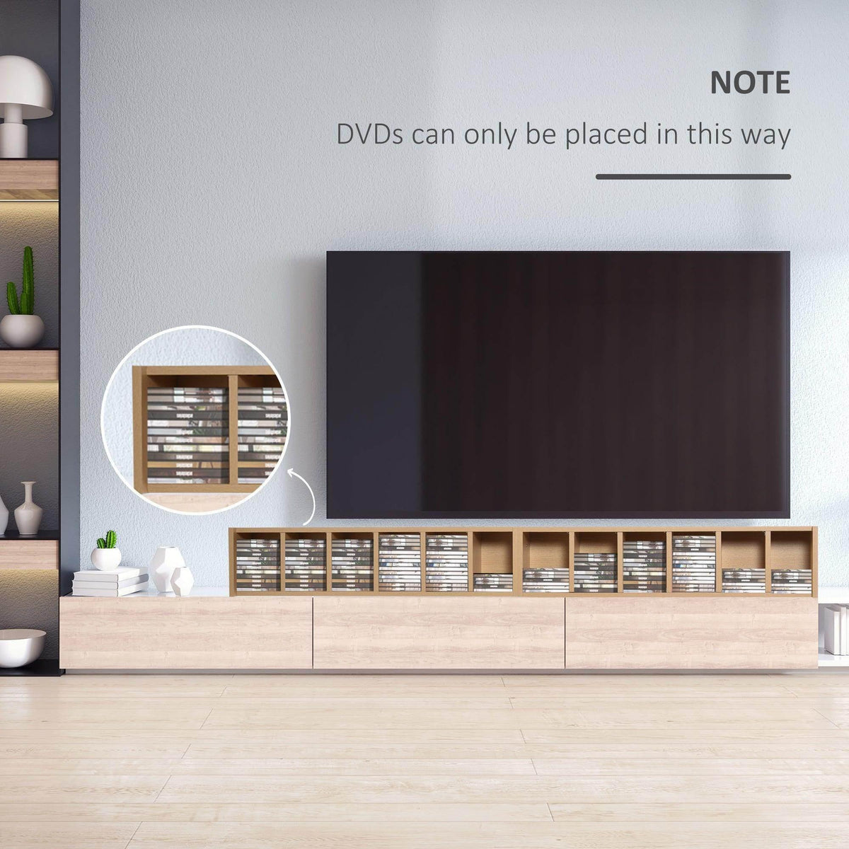 Natural wood media shelf with open shelves for disc storage placement