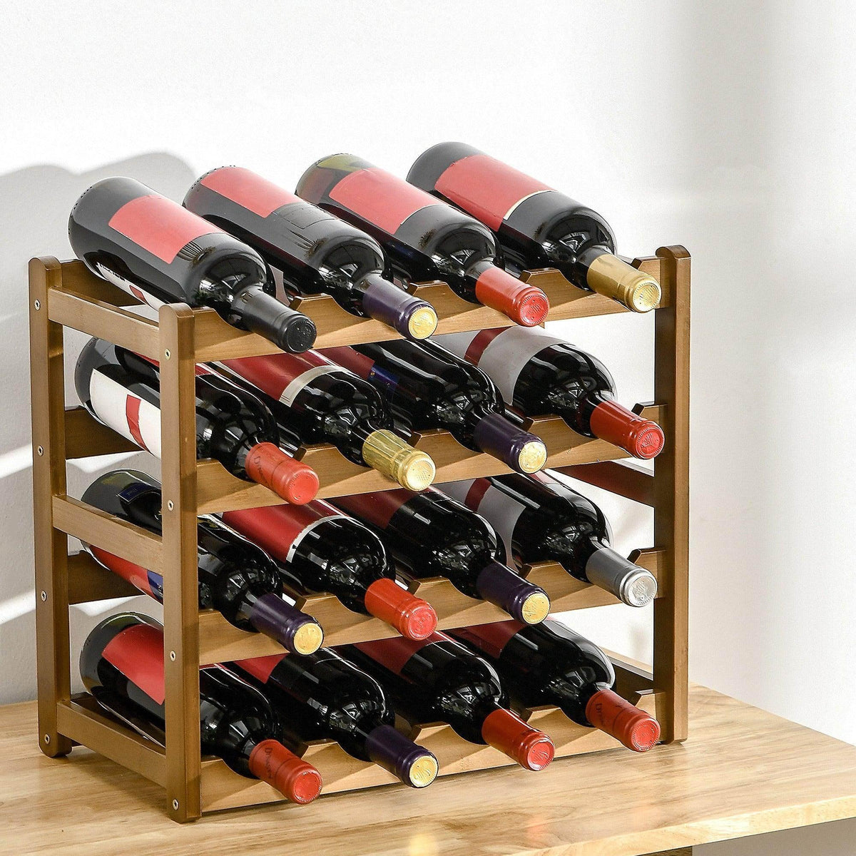 Bamboo wine rack with 4-tier slots holding 16 wine bottles, natural wood.