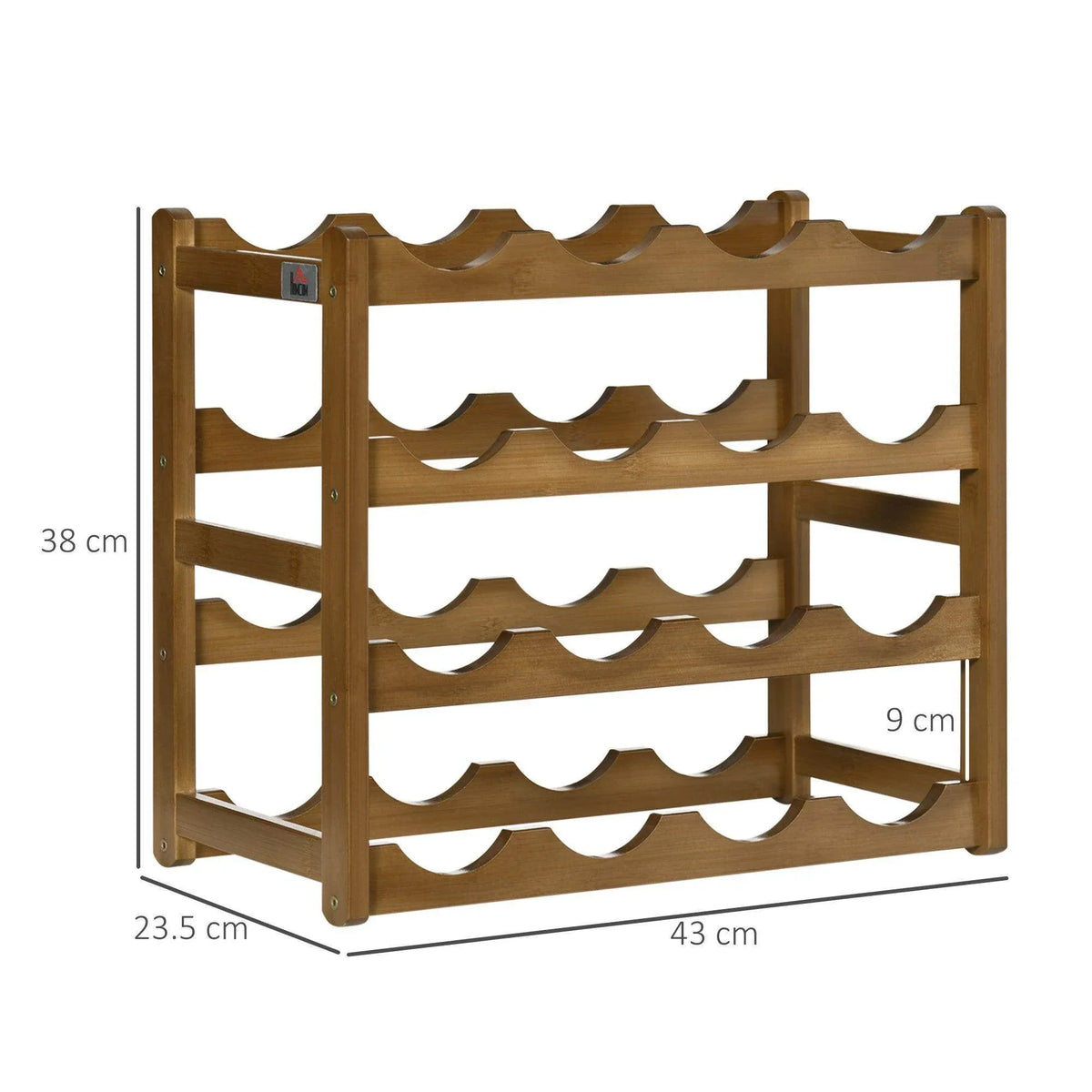 Bamboo wine rack with curved bottle holders, open frame, natural wood, 4 shelves.