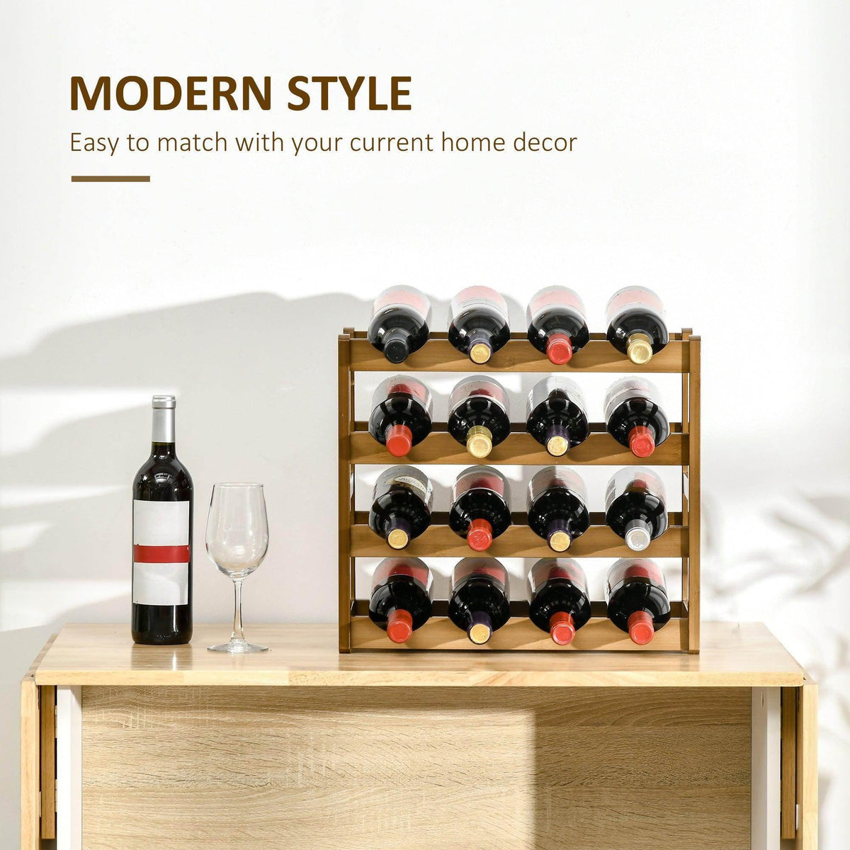 Bamboo wine rack display holding red and white wine bottles on tabletop.