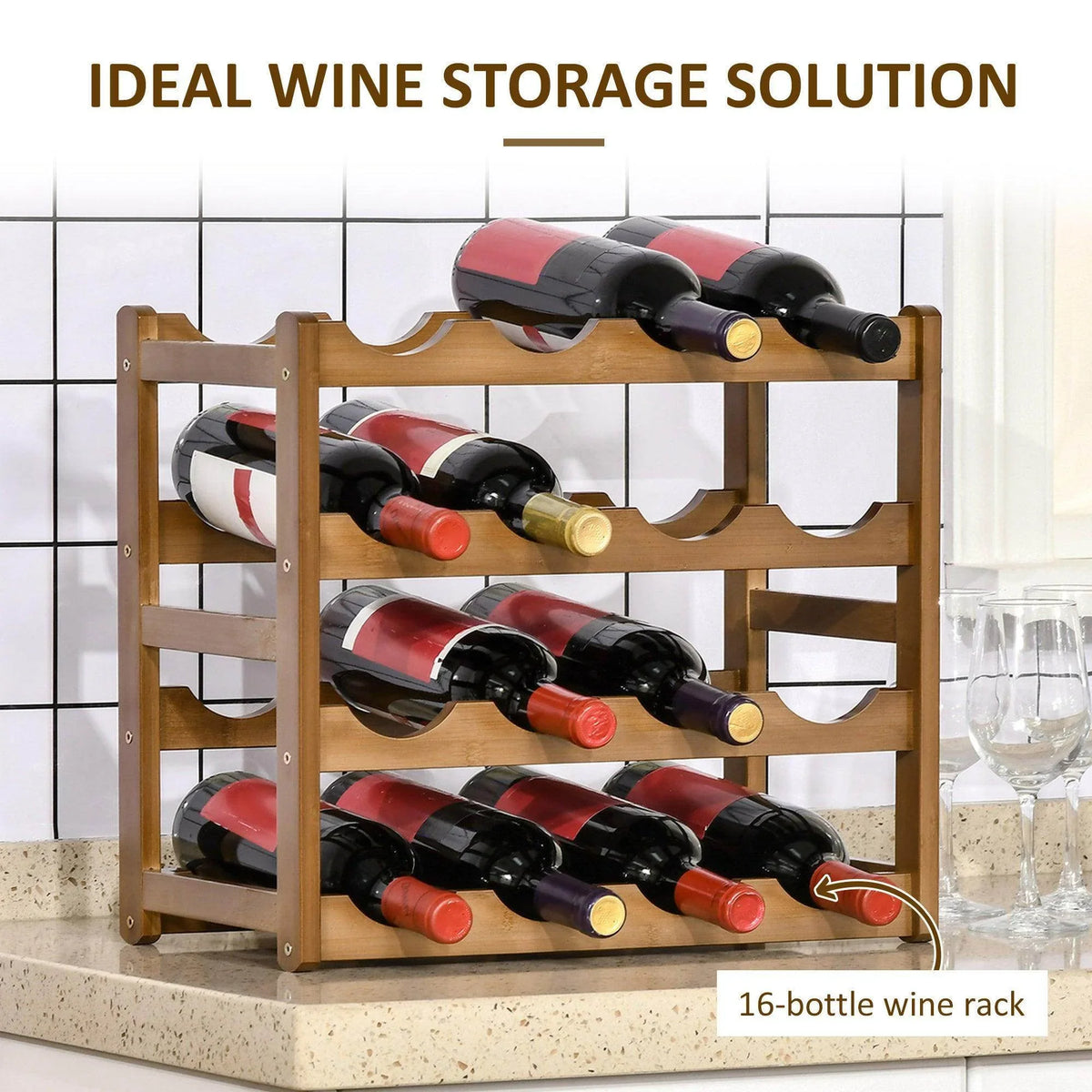 Bamboo wine rack with curved bottle rests, natural wood, filled with assorted wine bottles.