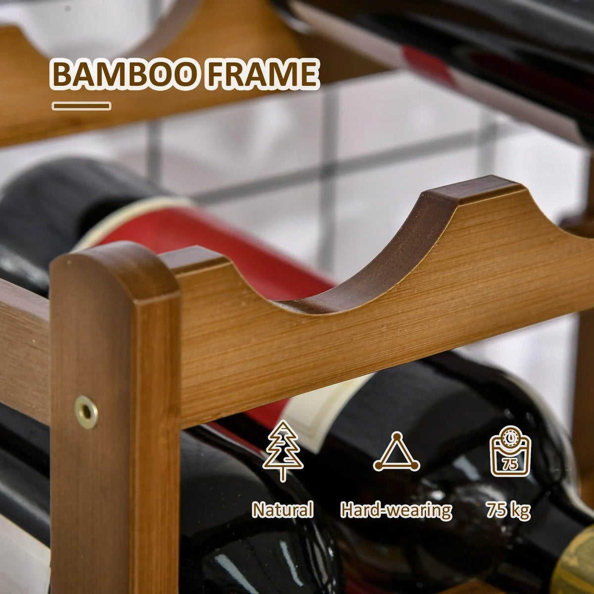Bamboo wine rack frame corner with smooth wood edge and metal screw fastener.
