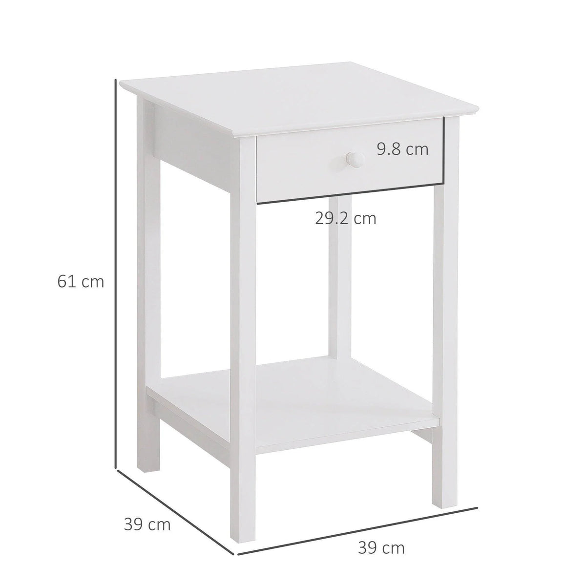 White bedside table with front drawer and open lower shelf