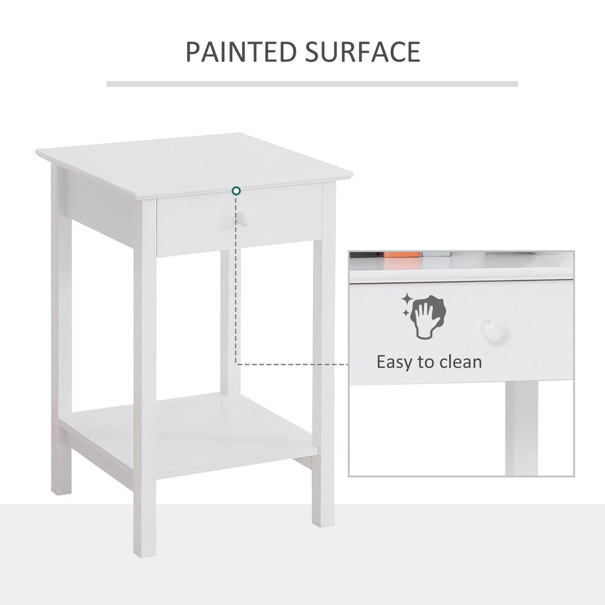 White bedside table with painted finish, drawer front and open shelf