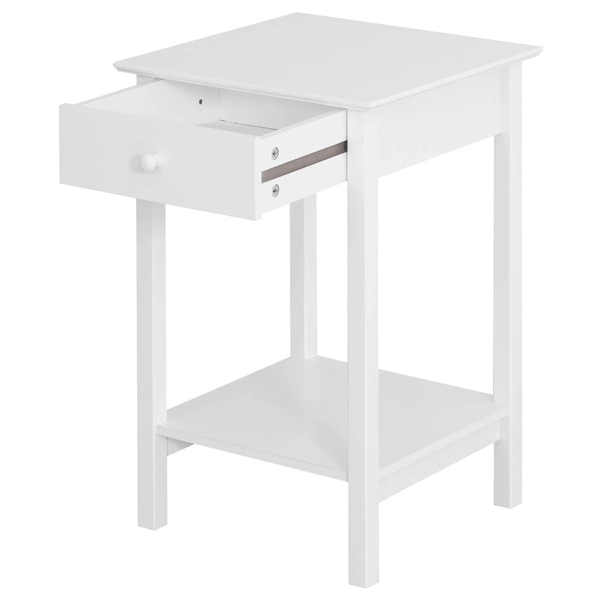 White bedside table with front drawer and lower open shelf, square legs