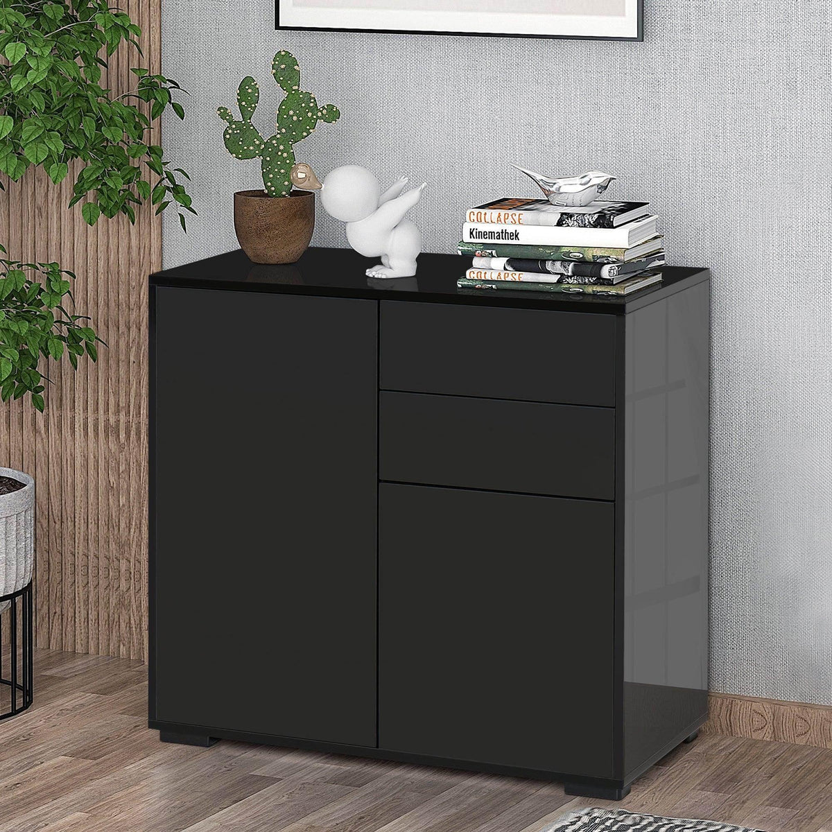 Black high-gloss sideboard cabinet with two doors and two drawers, smooth front panels