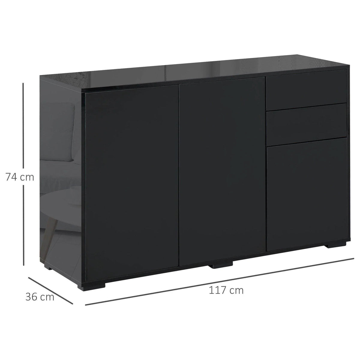 Black high-gloss sideboard cabinet with two doors and two drawers, 3/4 perspective