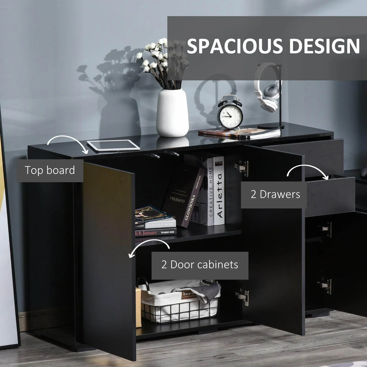 Black high-gloss sideboard, open storage with 2 drawers and 2 door cabinets.
