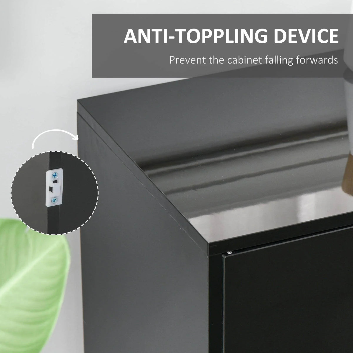 Black high-gloss sideboard corner with anti-tip device bracket.