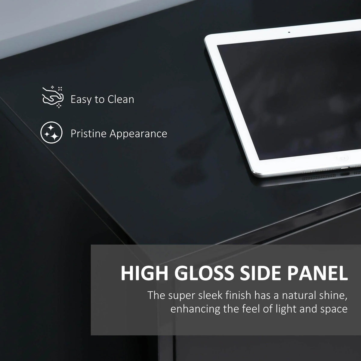 Black high-gloss side panel with smooth reflective finish and sleek edge.