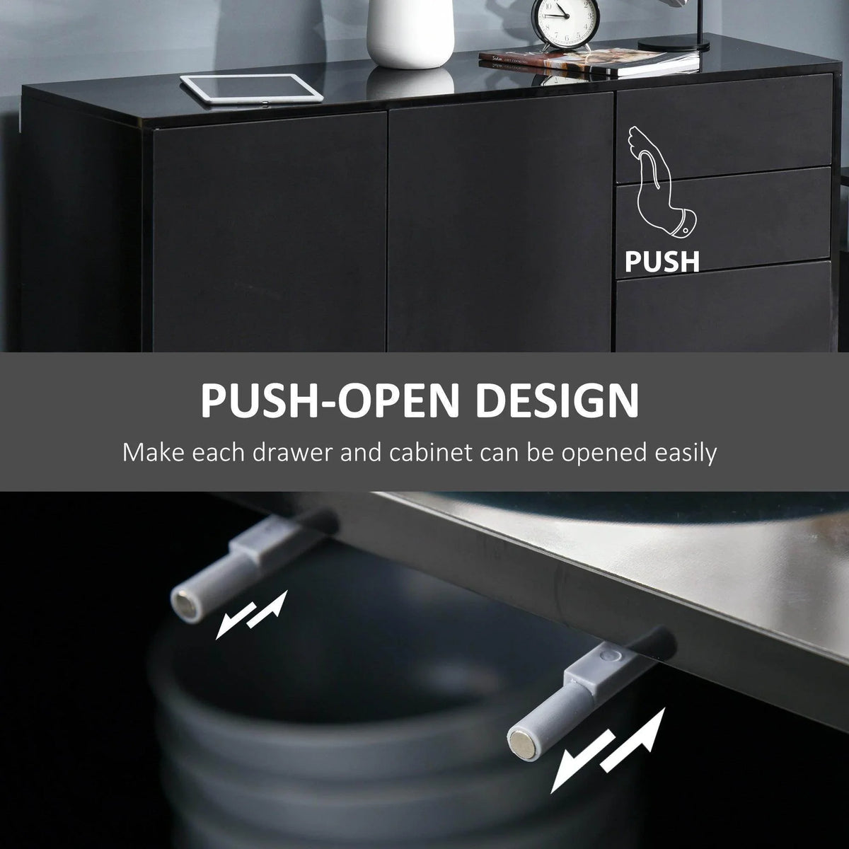 Black high-gloss sideboard front with push-open drawers and cabinet doors.