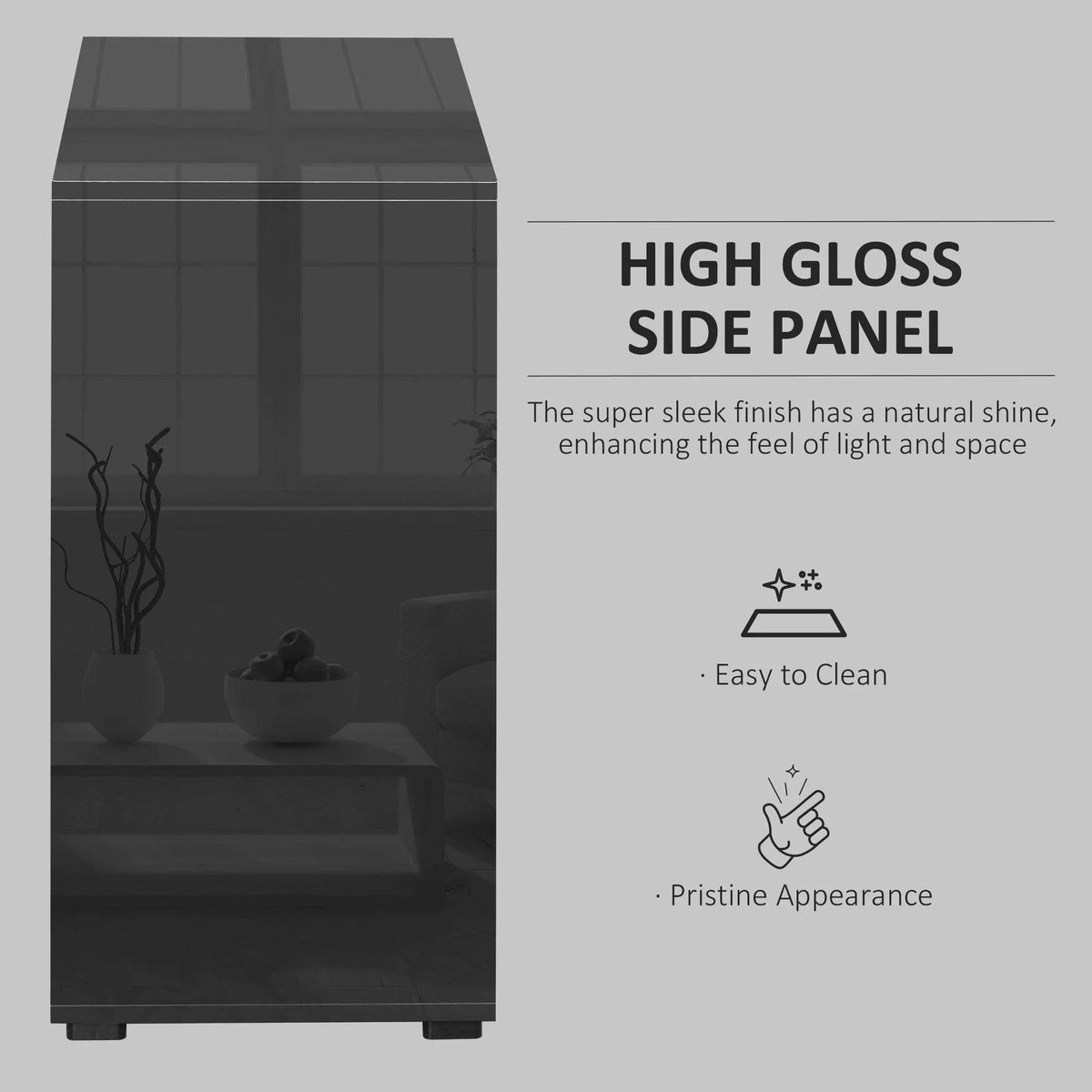 Black high-gloss side panel on a sideboard cabinet with sleek, reflective finish