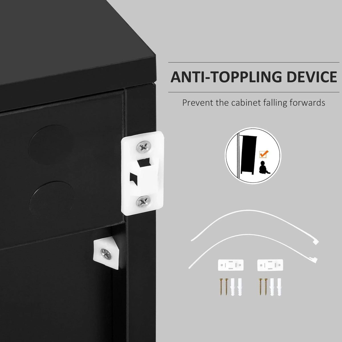 Black sideboard cabinet with anti-tipping attachment on the exterior side panel