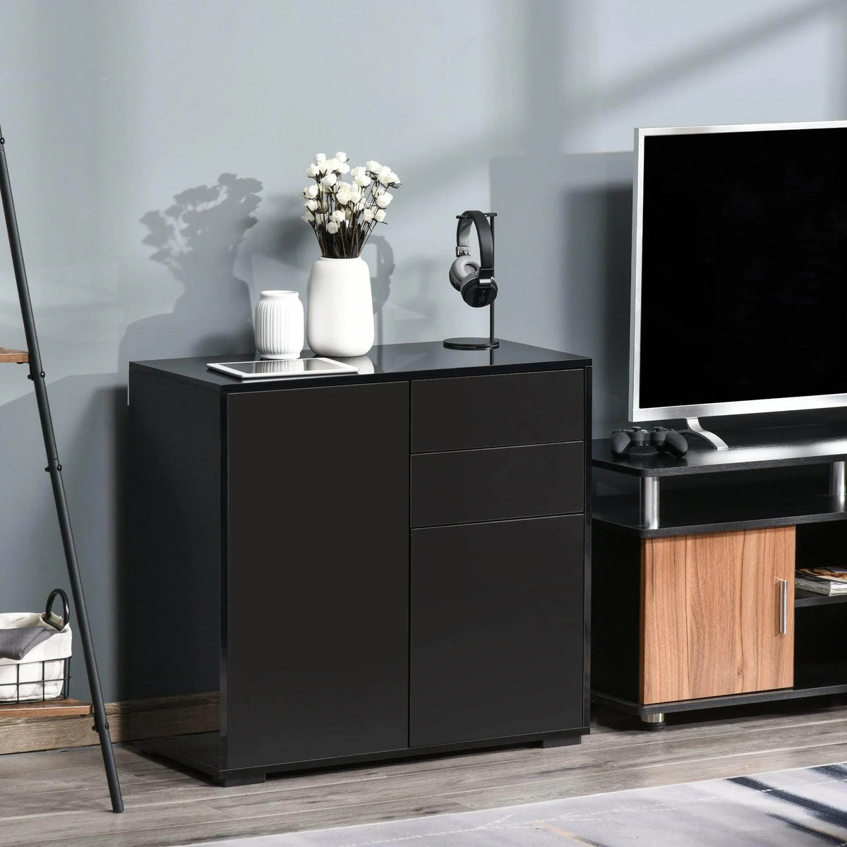 Black high-gloss sideboard cabinet with two doors and two drawers, side angle view