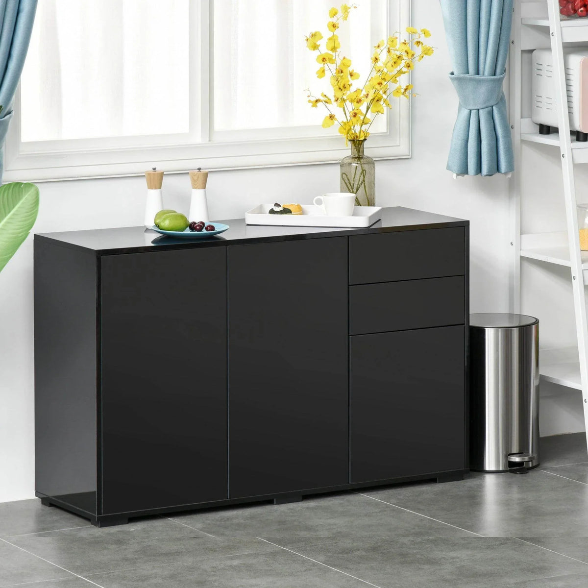 Black high-gloss sideboard cabinet with two doors and two drawers, front view