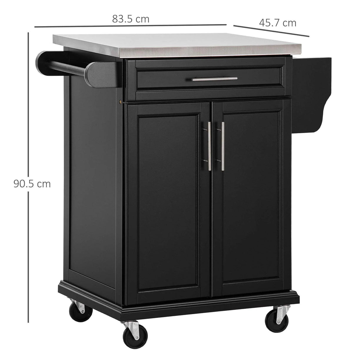 Black kitchen island cabinet with stainless steel countertop, two doors, and side handles on wheels.