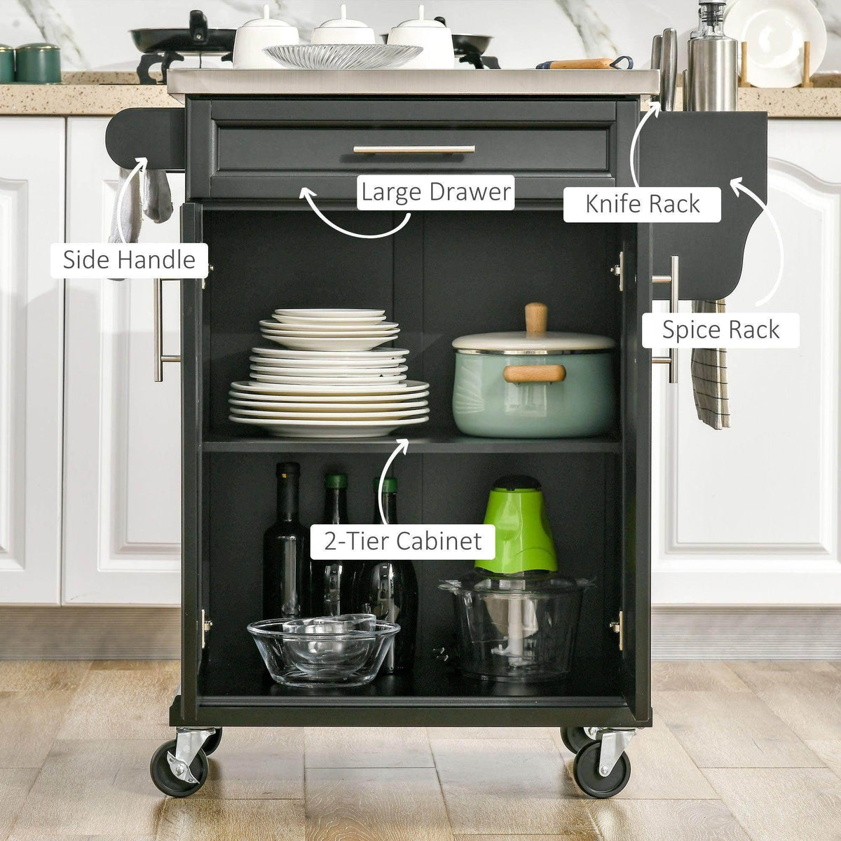 Black kitchen island with open storage showing shelves, a drawer, and knife/spice racks.