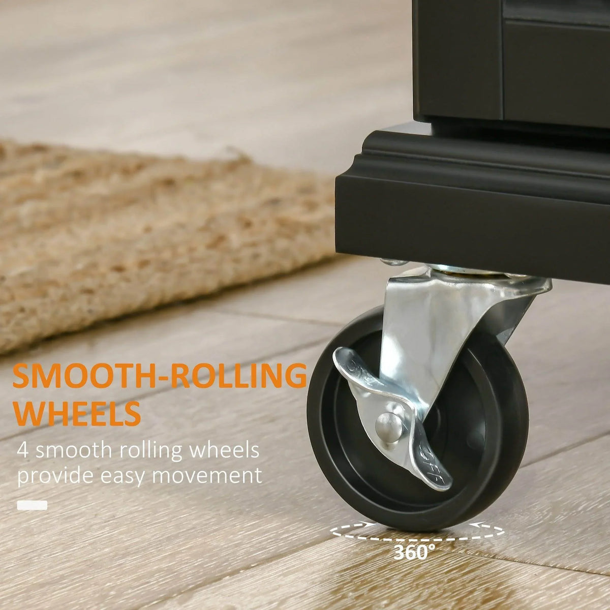 Black kitchen island caster wheel with 360-degree swivel base and smooth rolling housing.