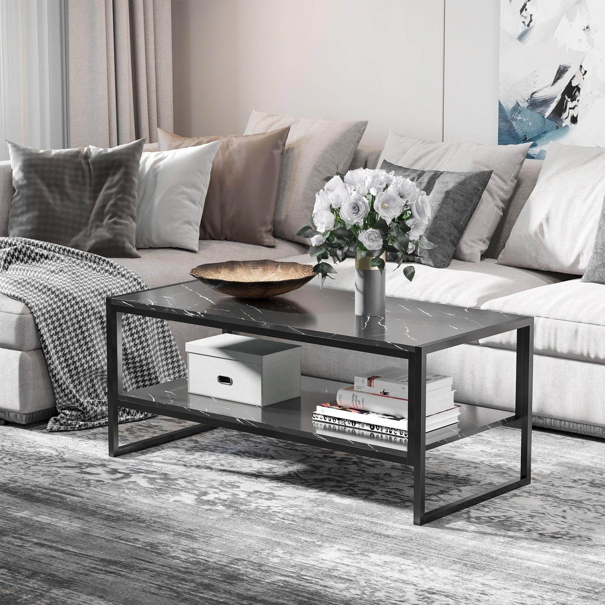 Black 2-tier marble-print coffee table with open lower shelf and rectangular frame