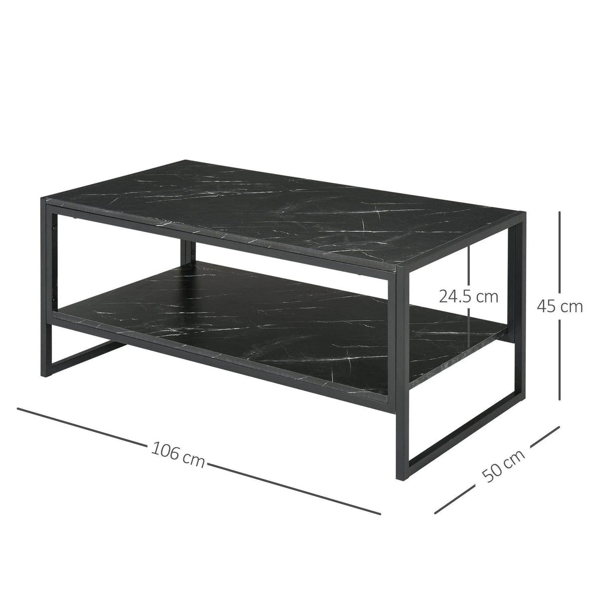 Black marble-print coffee table with two levels and steel frame, front and side view