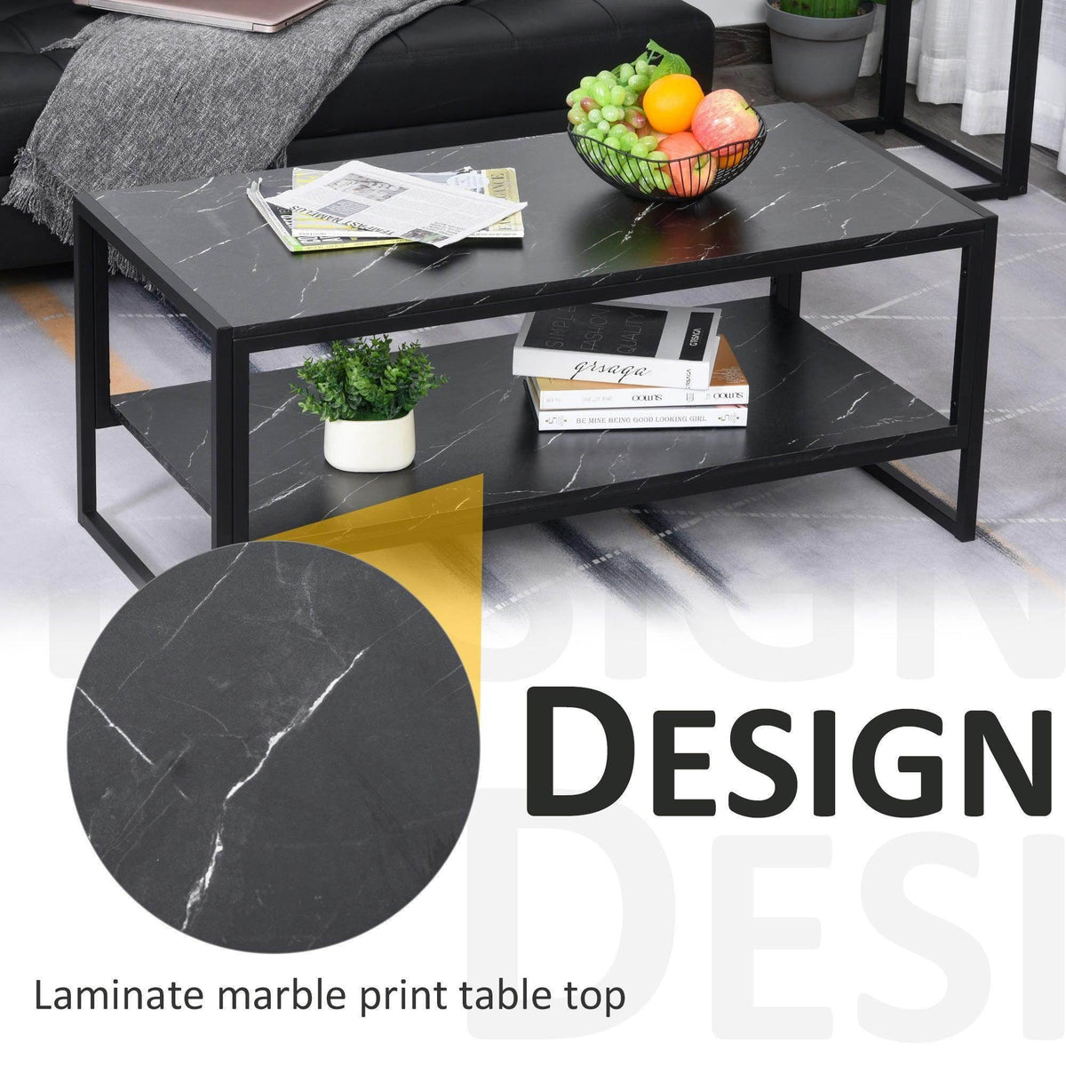 Black 2-tier marble-print coffee table with open shelves holding decor and books