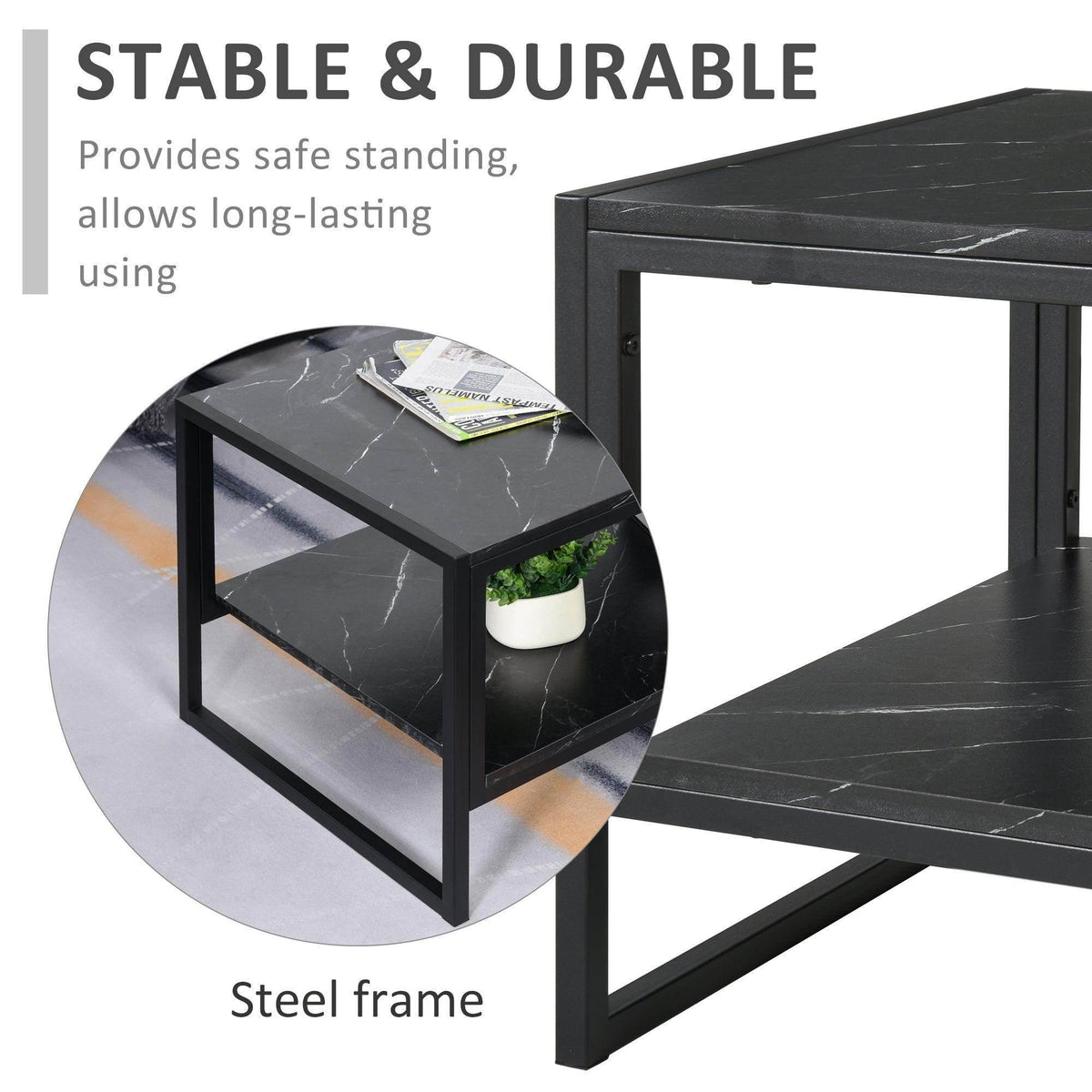 Black marble-print coffee table corner view showing steel frame and two-tier design