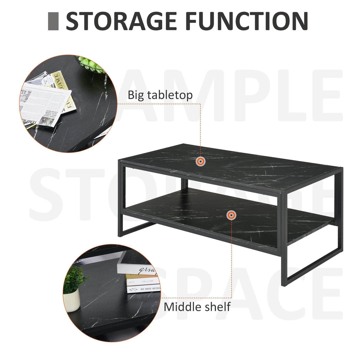 Black 2-tier marble-print coffee table showing top surface and middle shelf