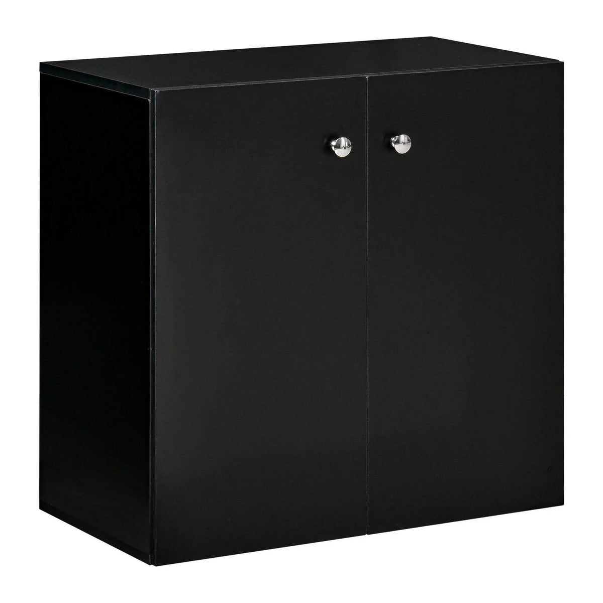 Black storage cabinet with two doors and round chrome knobs, square sideboard design