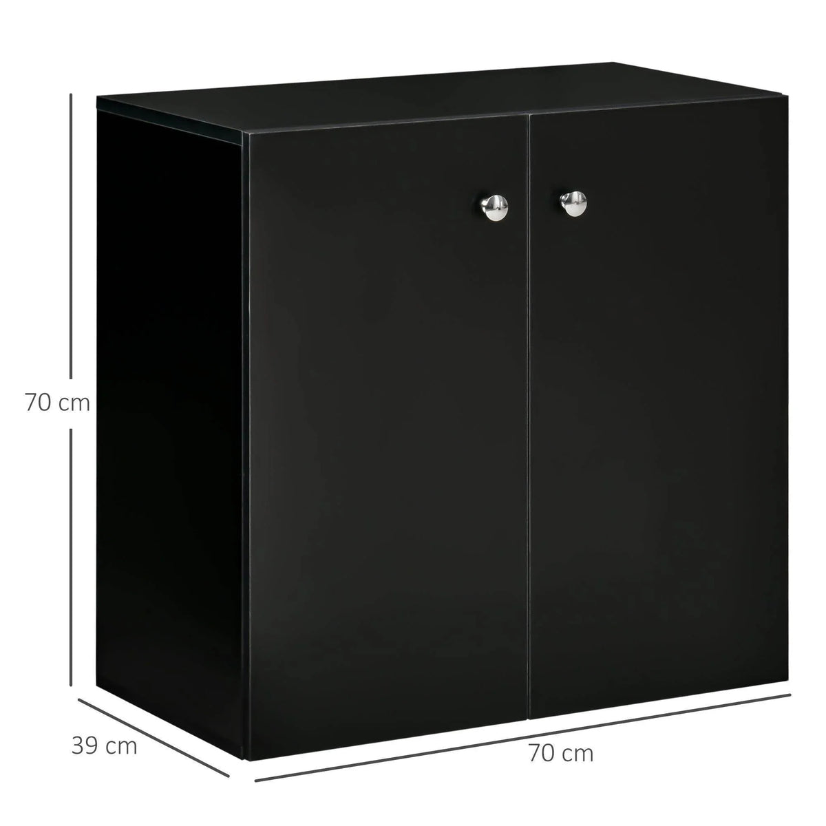Black storage cabinet with two doors and round chrome knobs, front corner view